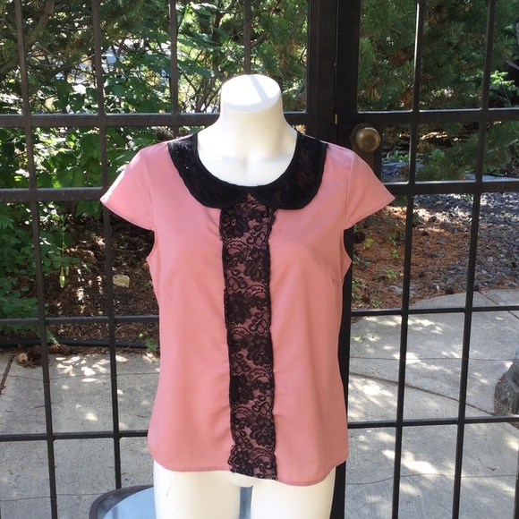 Lily White Pink Blouse with Black Lace - Picture 2 of 10